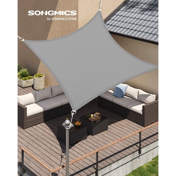 SONGMICS Sonnensegel 3 x 3 m, wasserfest mit Einer Wassersäule von 665 mm, Sonnenschutz aus reißfestem Polyester, UV-Schutz 93%, Terrasse, Garten, Balkon, quadratisch, 2 m Seile, hellgrau GSH33QY