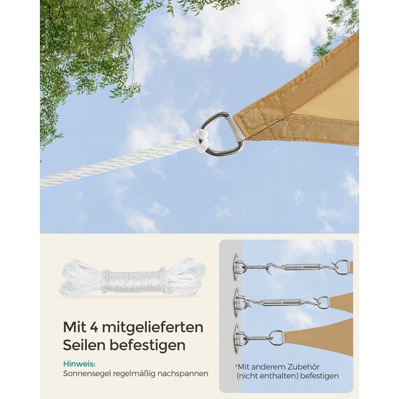 SONGMICS Sonnensegel 3 x 3 m, wasserfest mit Einer Wassersäule von 665 mm, Sonnenschutz aus reißfestem Polyester, UV-Schutz 93%, Terrasse, Garten, Balkon, quadratisch, 2 m Seile, sandgelb GSH33EY