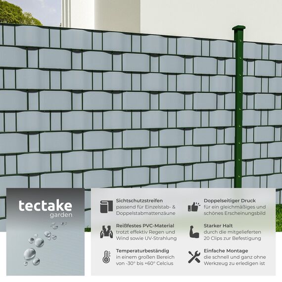 tectake® Sichtschutzfolie, Sichtschutzstreifen mit Befestigungsclips, Windschutz, Sonnenschutz, Sichtschutzmatte für Balkon, Garten, Terrasse, für Stabmattenzaun und Zaunelemente - 70 m, grau