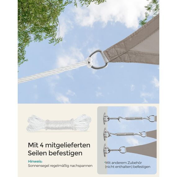 SONGMICS Sonnensegel, 2 x 3 m, wasserabweisend, Wassersäule 665 mm, reißfestes Polyester, UV-Schutz 93%, Terrasse, Garten, Balkon, rechteckig, 2 m Seile, Taupe GSH23TP