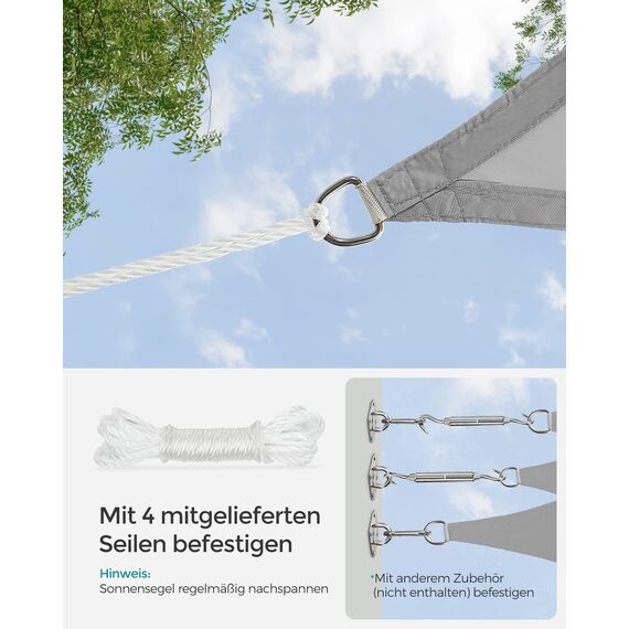 SONGMICS Sonnensegel 2 x 3 m, wasserfest mit Einer Wassersäule von 665 mm, Sonnenschutz aus reißfestem Polyester, UV-Schutz 93%, Terrasse, Garten, Balkon, rechteckig, 2 m Seile, hellgrau GSH23QY