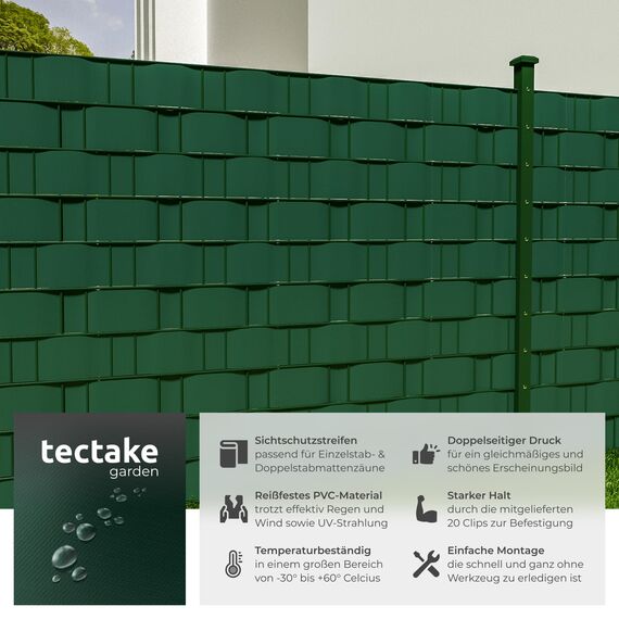 tectake® Sichtschutzfolie, Sichtschutzstreifen mit Befestigungsclips, Windschutz, Sonnenschutz, Sichtschutzmatte für Balkon, Garten, Terrasse, für Stabmattenzaun und Zaunelemente - 70 m, grün