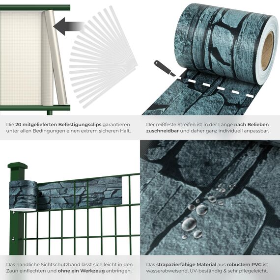 tectake® Sichtschutzfolie, Sichtschutzstreifen mit Befestigungsclips, Windschutz, Sonnenschutz, Sichtschutzmatte für Balkon, Garten, Terrasse, für Stabmattenzaun und Zaunelemente - 70 m, Schiefer