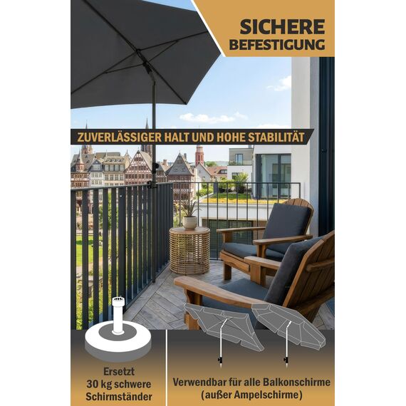 Menz Sonnenschirmhalter Balkongeländer in Schwarz - flexibel montierbare Schirmhalterung Balkongeländer, Solide Schirmhalterung als kompakter Sonnenschirmständer Balkon