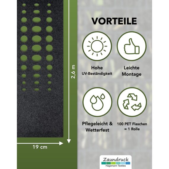 Zaundruck einzelner Sichtschutzstreifen aus Techno-Vlies - nachhaltiger Sichtschutz mit Laser Ornament - Windschutz 2,6 m x 19 cm - Schutzstreifen - Milano Bubble