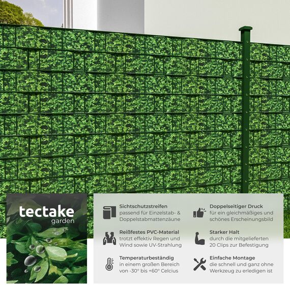 tectake® Sichtschutzfolie, Sichtschutzstreifen mit Befestigungsclips, Windschutz, Sonnenschutz, Sichtschutzmatte für Balkon, Garten, Terrasse, für Stabmattenzaun und Zaunelemente - 35 m, grünes Laub