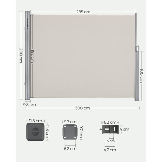 SONGMICS Alu-Seitenmarkise, ausziehbar, 200 x 300 cm, Sichtschutz, Sonnenschutz, blickdicht, Seitenrollo, für Balkon, Terrasse, Garten, beige GSA200E