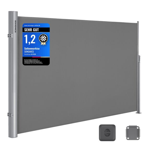 SONGMICS Alu-Seitenmarkise, ausziehbar, 180 x 400 cm, Blickdicht, Sonnenschutz, blickdicht, Seitenrollo, für Balkon, Terrasse, Garten, grau GSA184G03