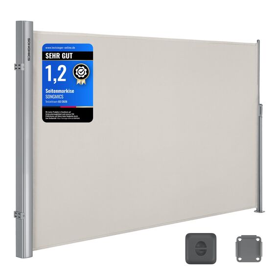 SONGMICS Alu-Seitenmarkise, ausziehbar, 180 x 400 cm, Blickdicht, Sonnenschutz, blickdicht, Seitenrollo, für Balkon, Terrasse, Garten, beige GSA184E01