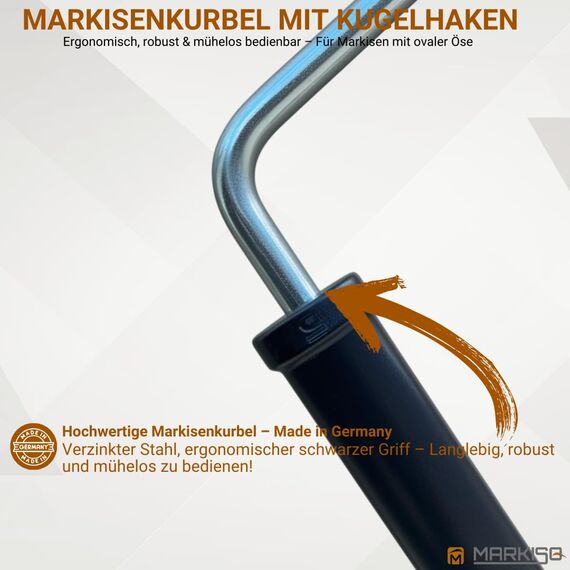 markiso Markisenkurbel 160 cm Verzinkt – Kurbel für Markise mit Kugelhaken/Kugelkopf – Kurbelgestänge verzinkter Stahl, Rostfrei, Ergonomische Griffe, Freilaufend für Leichte Bedienung