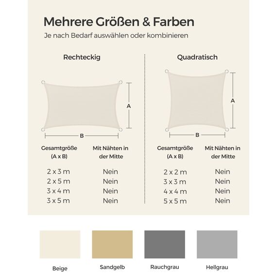 SONGMICS Sonnensegel 3 x 5 m, Sonnenschutz aus HDPE-Gewebe, luftdurchlässig, wasserdurchlässig, für Terrasse, Garten, Balkon, Camping, rechteckig, konkav, 2 m Seile, beige GSS35IVV1001