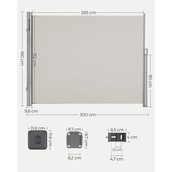 SONGMICS Alu-Seitenmarkise, ausziehbar, 160 x 300 cm, Sichtschutz, Sonnenschutz, blickdicht, Seitenrollo, für Balkon, Terrasse, Garten, beige GSA160E