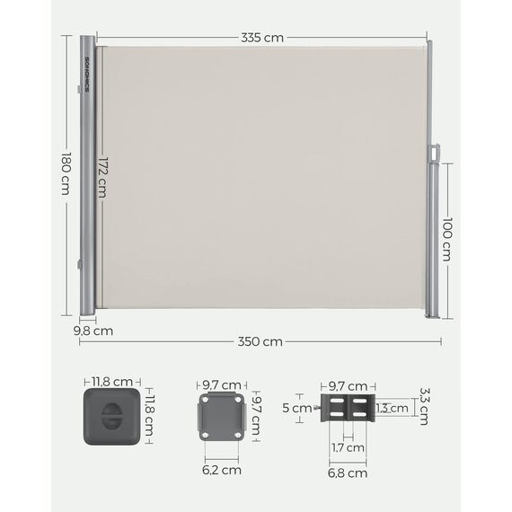 SONGMICS Alu-Seitenmarkise, ausziehbar, 180 x 350 cm, Blickdicht, Sonnenschutz, blickdicht, Seitenrollo, für Balkon, Terrasse, Garten, beige GSA185E
