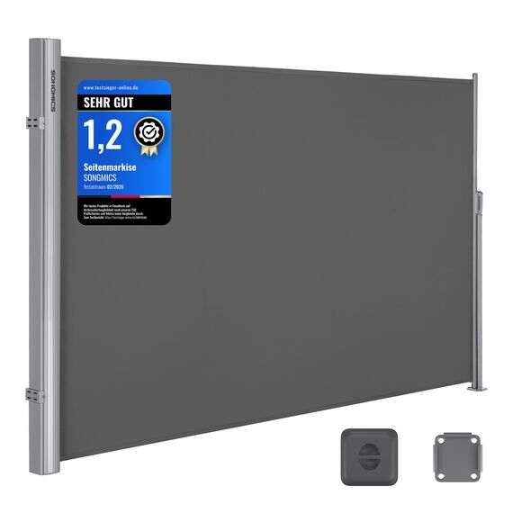 SONGMICS Alu-Seitenmarkise, ausziehbar, 160 x 350 cm, Blickdicht, Sonnenschutz, blickdicht, Seitenrollo, für Balkon, Terrasse, Garten, anthrazit GSA165G