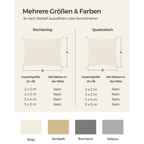 SONGMICS Sonnensegel 4 x 4 m, Sonnenschutz aus HDPE-Gewebe, luftdurchlässig, wasserdurchlässig, für Terrasse, Garten, Balkon, Camping, quadratisch, konkav, 2 m Seile, beige GSS44IVV1