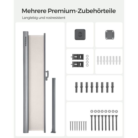 SONGMICS Alu-Seitenmarkise, ausziehbar, 180 x 300 cm, Blickdicht, Sonnenschutz, blickdicht, Seitenrollo, für Balkon, Terrasse, Garten, beige GSA180E