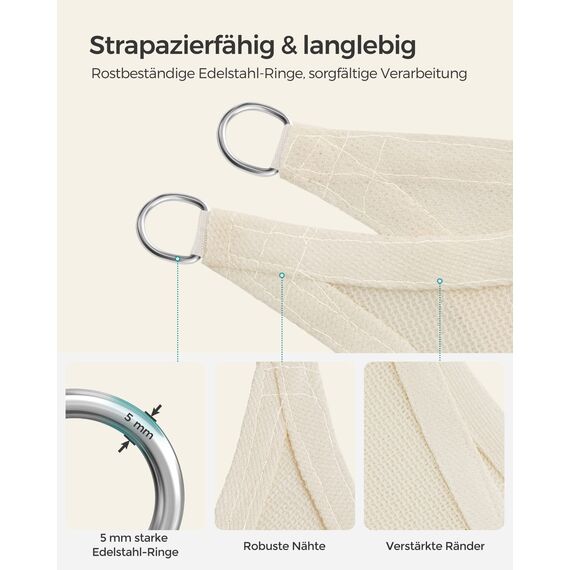 SONGMICS Sonnensegel 3 x 4 m, Sonnenschutz aus HDPE-Gewebe, luftdurchlässig, wasserdurchlässig, für Terrasse, Garten, Balkon, Camping, rechteckig, konkav, 2 m Seile, beige GSS34IVV1