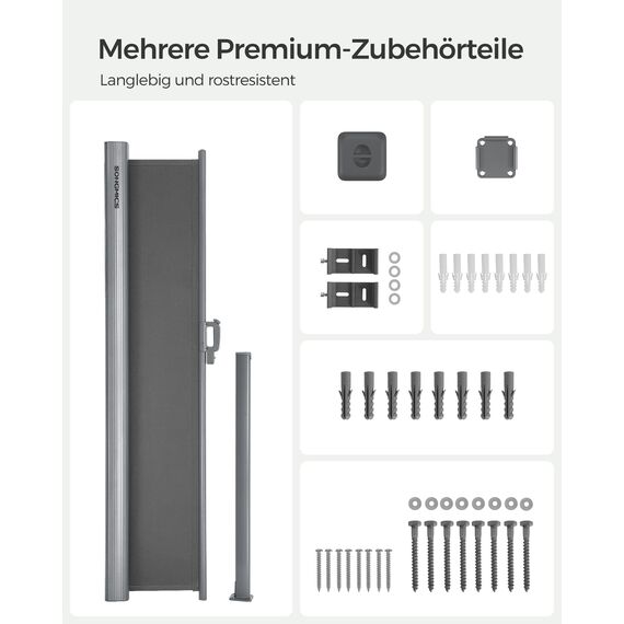 SONGMICS Alu-Seitenmarkise, ausziehbar, 180 x 300 cm, Blickdicht, Sonnenschutz, blickdicht, Seitenrollo, für Balkon, Terrasse, Garten, anthrazit GSA180G