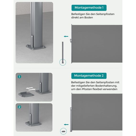 SONGMICS Alu-Seitenmarkise, ausziehbar, 180 x 350 cm, Blickdicht, Sonnenschutz, blickdicht, Seitenrollo, für Balkon, Terrasse, Garten, grau GSA185G01