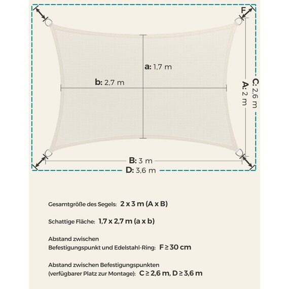 SONGMICS Sonnensegel 2 x 3 m, Sonnenschutz aus HDPE-Gewebe, luftdurchlässig, wasserdurchlässig, für Terrasse, Garten, Balkon, Camping, rechteckig, konkav, 2 m Seile, beige GSS23IVV1