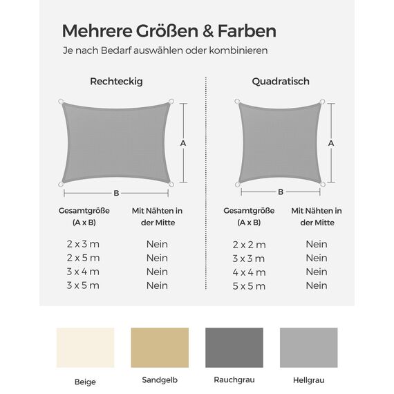 SONGMICS Sonnensegel 3 x 3 m, Sonnenschutz aus HDPE-Gewebe, luftdurchlässig, wasserdurchlässig, für Terrasse, Garten, Balkon, Camping, quadratisch, konkav, 2 m Seile, hellgrau GSS33QY