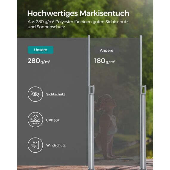 SONGMICS Alu-Seitenmarkise, ausziehbar, 160 x 350 cm, Blickdicht, Sonnenschutz, blickdicht, Seitenrollo, für Balkon, Terrasse, Garten, anthrazit GSA165G