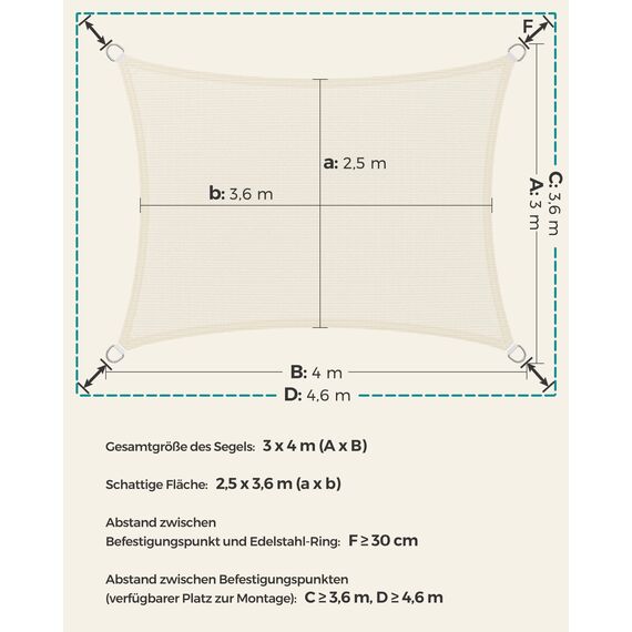 SONGMICS Sonnensegel 3 x 4 m, Sonnenschutz aus HDPE-Gewebe, luftdurchlässig, wasserdurchlässig, für Terrasse, Garten, Balkon, Camping, rechteckig, konkav, 2 m Seile, beige GSS34IVV1