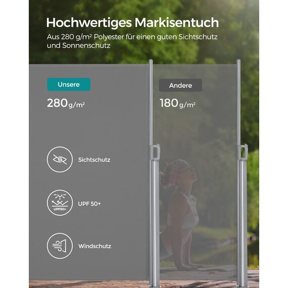 SONGMICS Alu-Seitenmarkise, ausziehbar, 160 x 400 cm, Blickdicht, Sonnenschutz, blickdicht, Seitenrollo, für Balkon, Terrasse, Garten, grau GSA164G03