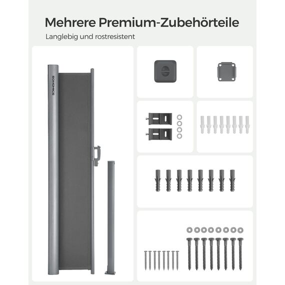 SONGMICS Alu-Seitenmarkise, ausziehbar, 200 x 300 cm, Blickdicht, Sonnenschutz, blickdicht, Seitenrollo, für Balkon, Terrasse, Garten, anthrazit GSA200G