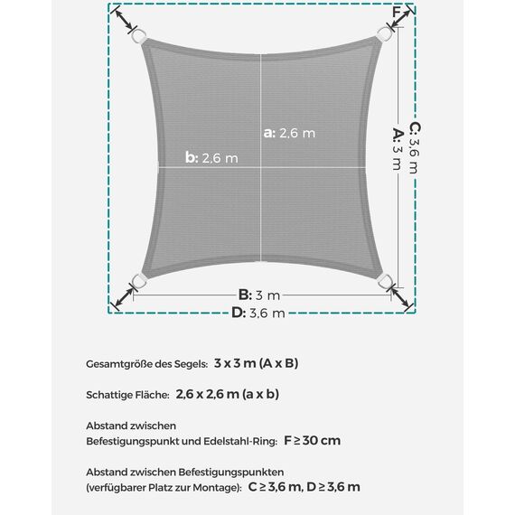 SONGMICS Sonnensegel 3 x 3 m, Sonnenschutz aus HDPE-Gewebe, luftdurchlässig, wasserdurchlässig, für Terrasse, Garten, Balkon, Camping, quadratisch, konkav, 2 m Seile, hellgrau GSS33QY