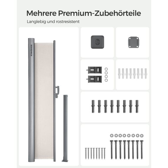 SONGMICS Alu-Seitenmarkise, ausziehbar, 160 x 300 cm, Sichtschutz, Sonnenschutz, blickdicht, Seitenrollo, für Balkon, Terrasse, Garten, beige GSA160E