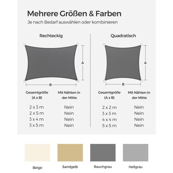 SONGMICS Sonnensegel 2 x 3 m, Sonnenschutz aus HDPE-Gewebe, luftdurchlässig, wasserdurchlässig, für Terrasse, Garten, Balkon, Camping, rechteckig, konkav, 2 m Seile, rauchgrau GSS23GY