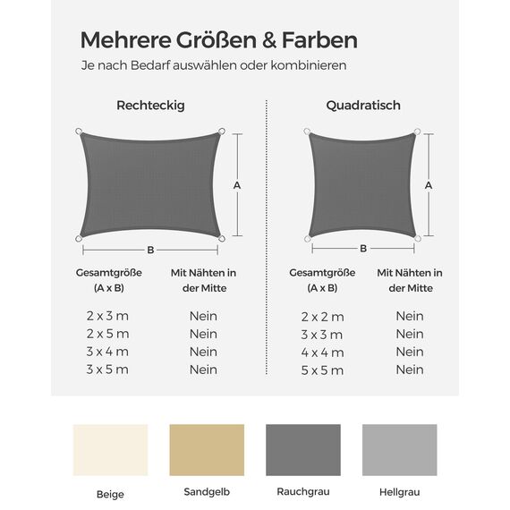 SONGMICS Sonnensegel 3 x 3 m, Sonnenschutz aus HDPE-Gewebe, luftdurchlässig, wasserdurchlässig, für Terrasse, Garten, Balkon, Camping, quadratisch, konkav, 2 m Seile, rauchgrau GSS33GY