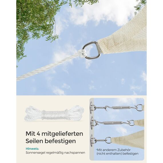 SONGMICS Sonnensegel 4 x 4 m, Sonnenschutz aus HDPE-Gewebe, luftdurchlässig, wasserdurchlässig, für Terrasse, Garten, Balkon, Camping, quadratisch, konkav, 2 m Seile, beige GSS44IVV1