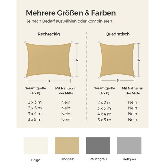 SONGMICS Sonnensegel, 3 x 3 m, HDPE-Stoff, atmungsaktiv, wasserabweisend, für Terrasse, Garten, Balkon, Camping, quadratisch, konkav, 2 m Seile, sandgelb, GSS33EYV1
