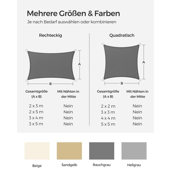 SONGMICS Sonnensegel 3 x 5 m, Sonnenschutz aus HDPE-Gewebe, luftdurchlässig, wasserdurchlässig, für Terrasse, Garten, Balkon, Camping, rechteckig, konkav, 2 m Seile, rauchgrau GSS35GY
