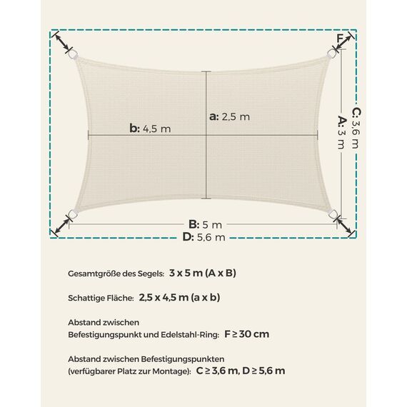 SONGMICS Sonnensegel 3 x 5 m, Sonnenschutz aus HDPE-Gewebe, luftdurchlässig, wasserdurchlässig, für Terrasse, Garten, Balkon, Camping, rechteckig, konkav, 2 m Seile, beige GSS35IVV1001