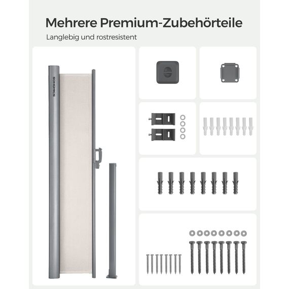 SONGMICS Alu-Seitenmarkise, ausziehbar, 200 x 300 cm, Sichtschutz, Sonnenschutz, blickdicht, Seitenrollo, für Balkon, Terrasse, Garten, beige GSA200E