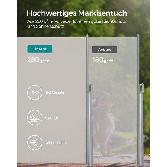 SONGMICS Alu-Seitenmarkise, ausziehbar, 180 x 400 cm, Blickdicht, Sonnenschutz, blickdicht, Seitenrollo, für Balkon, Terrasse, Garten, beige GSA184E01