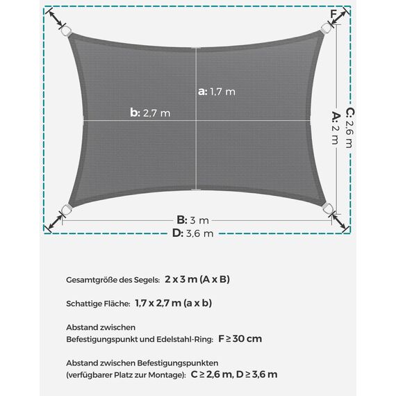 SONGMICS Sonnensegel 2 x 3 m, Sonnenschutz aus HDPE-Gewebe, luftdurchlässig, wasserdurchlässig, für Terrasse, Garten, Balkon, Camping, rechteckig, konkav, 2 m Seile, rauchgrau GSS23GY