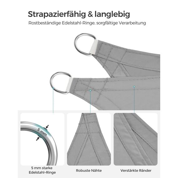 SONGMICS Sonnensegel 3 x 5 m, Wasserfest (Mind. 1000 Mm), Uv-Schutz, Sonnenschutz Aus Rei Ÿfestem Polyester, H Lt 93% Sonnenstrahlen Ab, Wetterfest, Garten, Balkon, Terrasse, Camping, Hellgrau GSH35QY