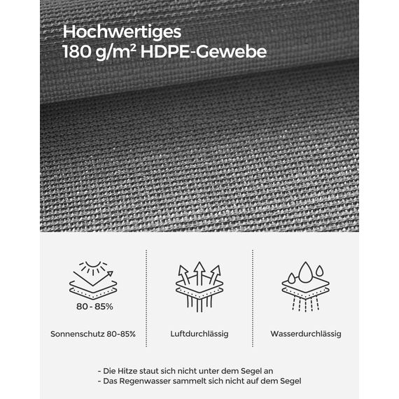 SONGMICS Sonnensegel 3 x 5 m, Sonnenschutz aus HDPE-Gewebe, luftdurchlässig, wasserdurchlässig, für Terrasse, Garten, Balkon, Camping, rechteckig, konkav, 2 m Seile, rauchgrau GSS35GY
