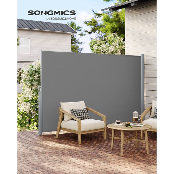 SONGMICS Alu-Seitenmarkise, ausziehbar, 180 x 350 cm, Blickdicht, Sonnenschutz, blickdicht, Seitenrollo, für Balkon, Terrasse, Garten, grau GSA185G01