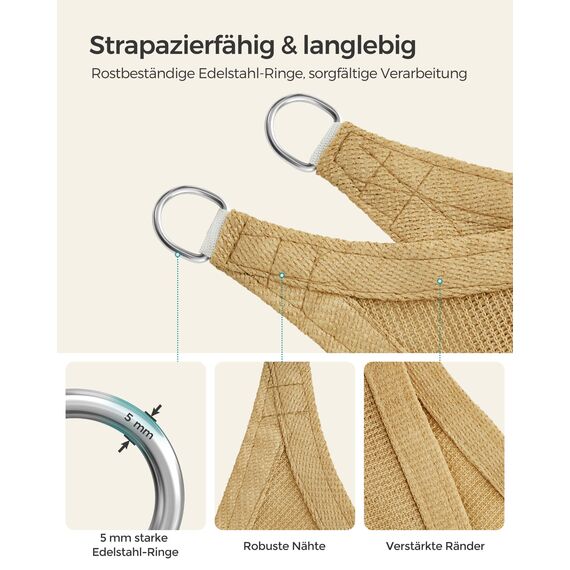 SONGMICS 3 x 5 m Sonnensegel aus HDPE, Sonnenschutz, UV-Schutz, luftdurchlässig, für Garten, Balkon, Terrasse, atmungsaktiv, wasserdurchlässig, Sandgelb GSS35EYV1