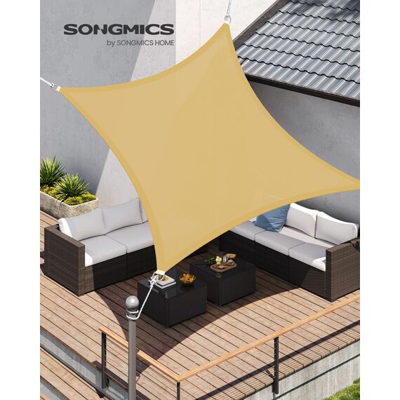 SONGMICS Sonnensegel, 3 x 3 m, HDPE-Stoff, atmungsaktiv, wasserabweisend, für Terrasse, Garten, Balkon, Camping, quadratisch, konkav, 2 m Seile, sandgelb, GSS33EYV1
