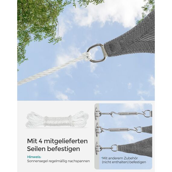 SONGMICS Sonnensegel 3 x 3 m, Sonnenschutz aus HDPE-Gewebe, luftdurchlässig, wasserdurchlässig, für Terrasse, Garten, Balkon, Camping, quadratisch, konkav, 2 m Seile, rauchgrau GSS33GY