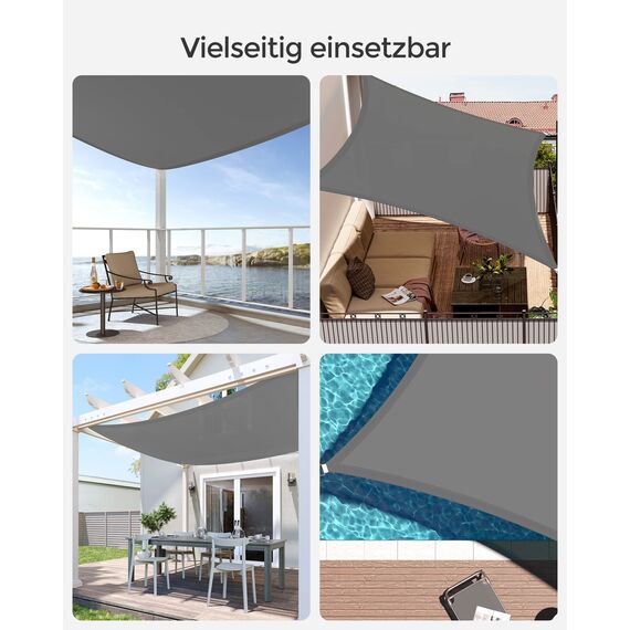SONGMICS Sonnensegel 3 x 5 m, wasserfest mit einer Wassersäule von 665 mm, Sonnenschutz aus reißfestem Polyester, UV-Schutz 93%, Terrasse, Garten, Balkon, rechteckig, 2 m Seile, rauchgrau GSH35GY