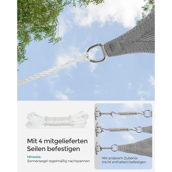 SONGMICS Sonnensegel 3 x 3 m, Sonnenschutz aus HDPE-Gewebe, luftdurchlässig, wasserdurchlässig, für Terrasse, Garten, Balkon, Camping, quadratisch, konkav, 2 m Seile, hellgrau GSS33QY