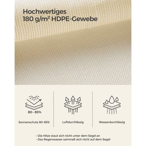 SONGMICS Sonnensegel 5 x 5 m, Sonnenschutz aus HDPE-Gewebe, luftdurchlässig, wasserdurchlässig, für Terrasse, Garten, Balkon, Camping, quadratisch, konkav, 2 m Seile, beige GSS55IV