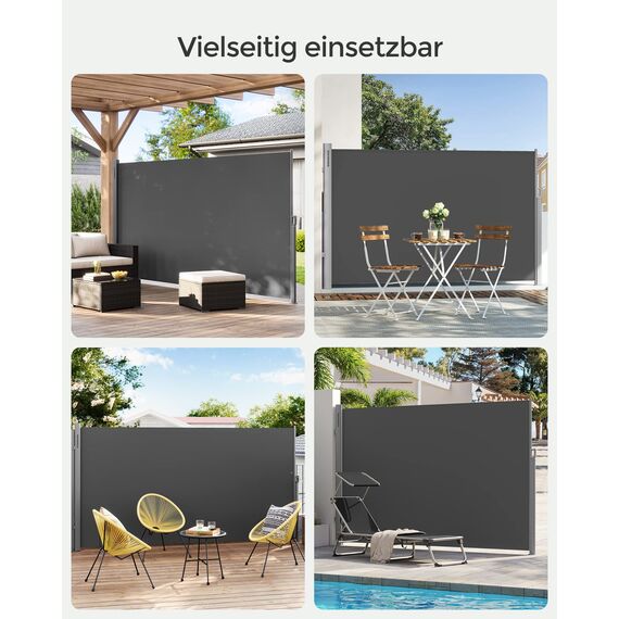 SONGMICS Alu-Seitenmarkise, ausziehbar, 200 x 300 cm, Blickdicht, Sonnenschutz, blickdicht, Seitenrollo, für Balkon, Terrasse, Garten, anthrazit GSA200G
